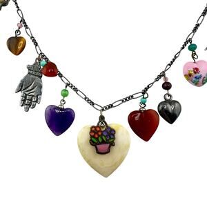 Rare Lucy Isaacs NYC 1970s 925 Glass Gemstone Heart Charms Iconic 30" Necklace